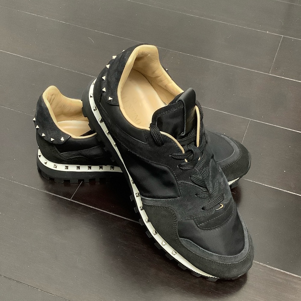 Valentino Garavani Rock-stud Low Top Suede/Nylon Black Sneakers,Size 44